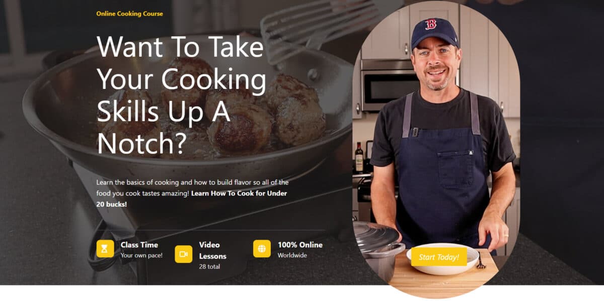 Online cooking course webpage with man cooking