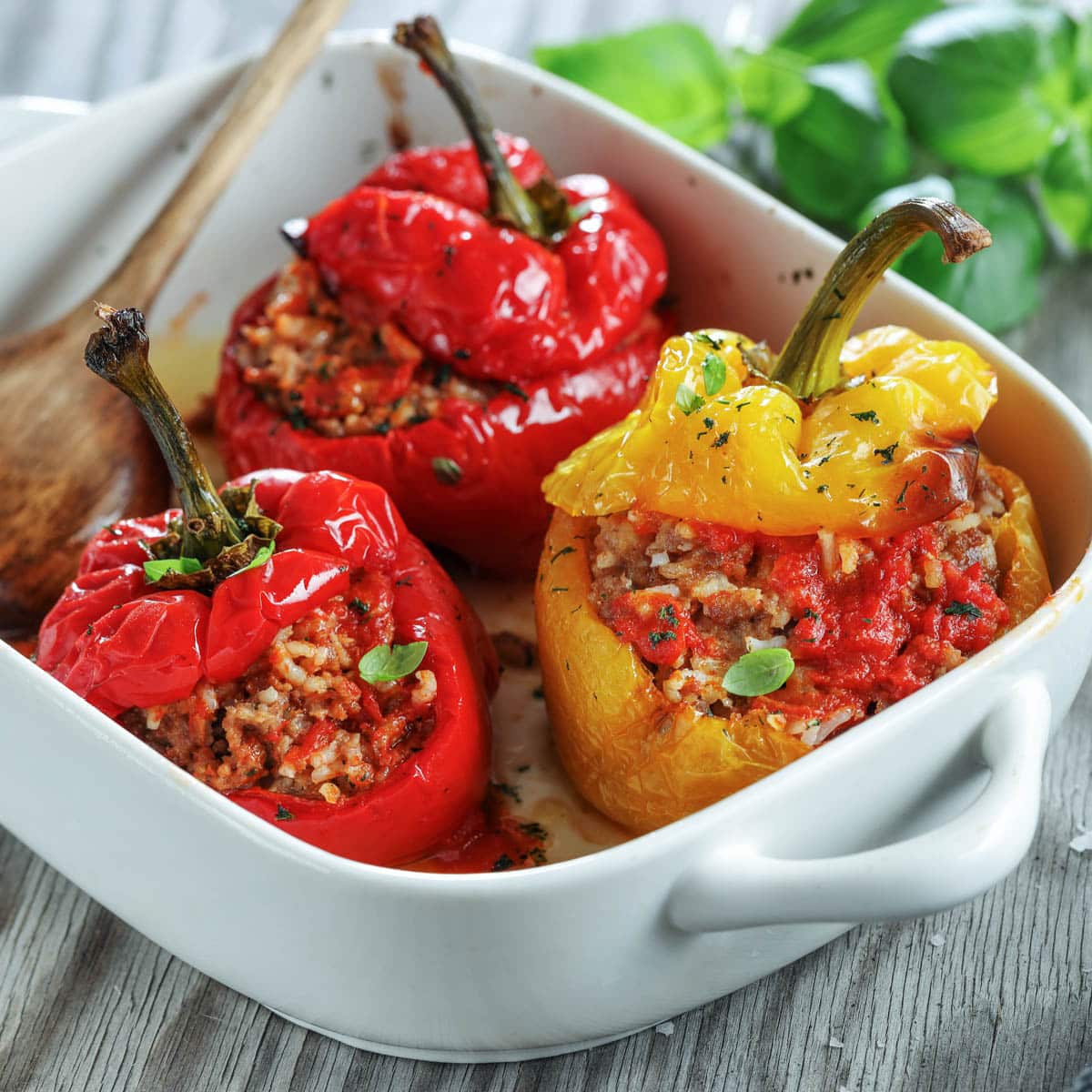 Stuffed peppers in a white baking dish on the counter.
